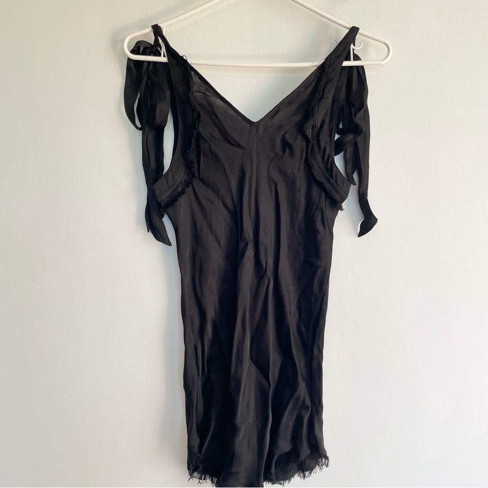 Raquel Allegra Black Tank Top Satin Bow Straps Raw Edge Hem Womens Size 0 - Picture 2 of 10